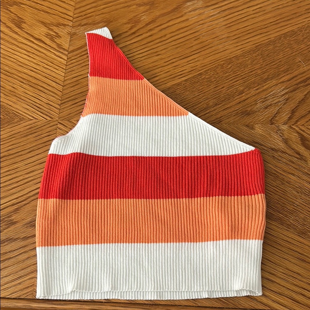 Striped One-Shoulder Knit Top - Red, Orange, White